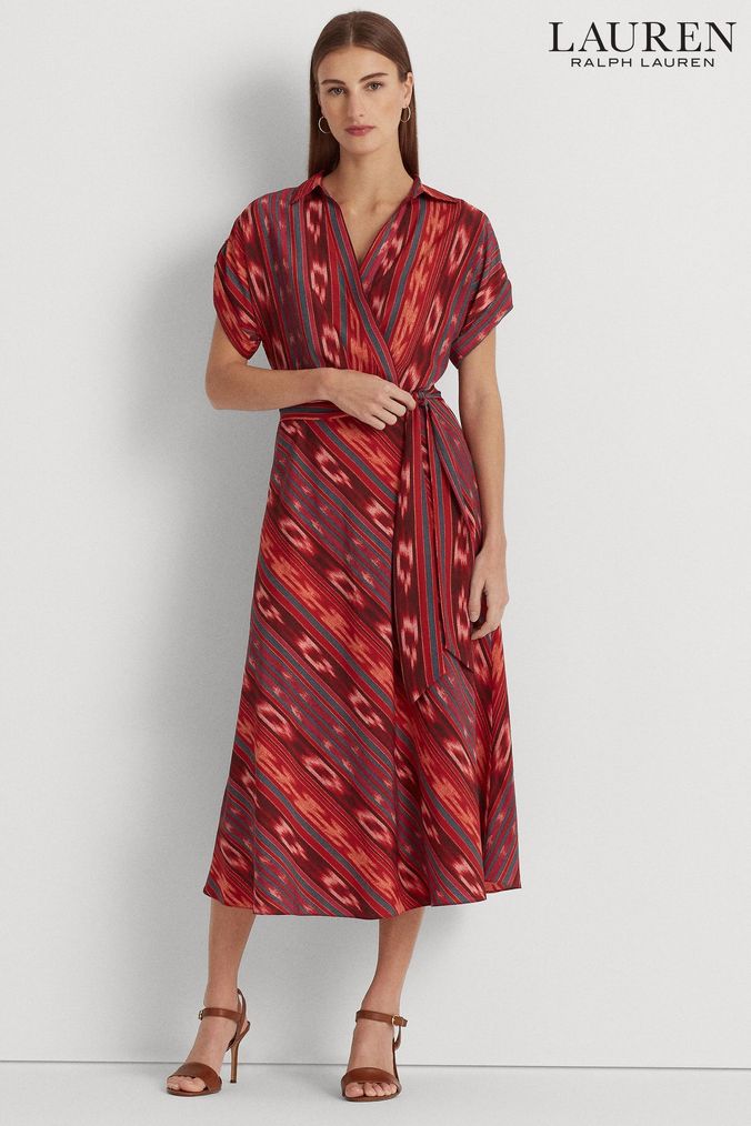 Lauren Ralph Lauren Dark Pink Geo Striped Fratillio Belted Crepe Dress (N41274) | £229