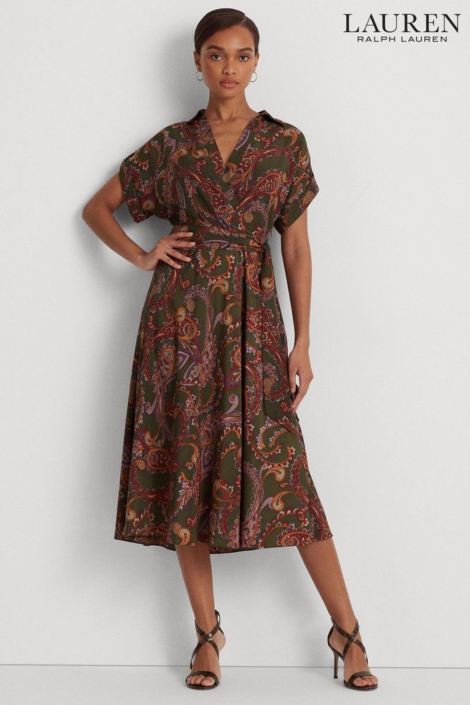 Lauren Ralph Lauren Olive Green Fratillo Belted Crepe Dress (N41276) | £229