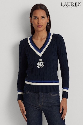 Lauren Ralph Lauren Navy Blue Meren Cable Knit Cotton Cricket Jumper (N41277) | £179