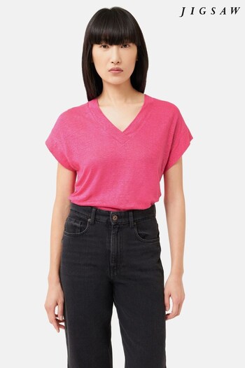 Jigsaw Pink Linen Short Sleeve V-Neck T-Shirt (N41322) | £59