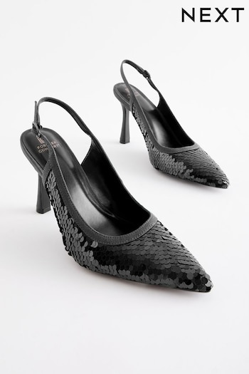 Black Forever Comfort Sequin Point Toe Slingback Heels (N41712) | £45