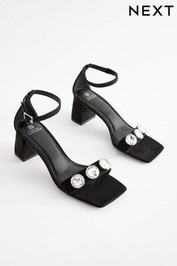 Black Forever Comfort® Chunky Jewel Trim Block Heel Sandals Fast (N41738) | £39