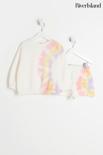 River Island Cream ruffled Tie Dye Short Sweat Set (N41854) | £25