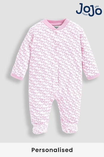 JoJo Maman Bébé Pink Personalised Little Elephants Cotton Baby Sleepsuit (N42032) | £26.50