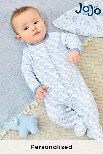 JoJo Maman Bébé Blue Personalised Little Elephants Cotton Baby Sleepsuit (N42033) | £26.50