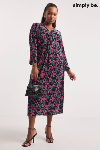 Simply Be Floral Twist Front Plisse Black Midi Dress (N42176) | £42
