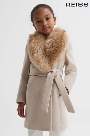 Reiss Oatmeal Brooks Junior Fur Collar Wool Coat (N42234) | £118
