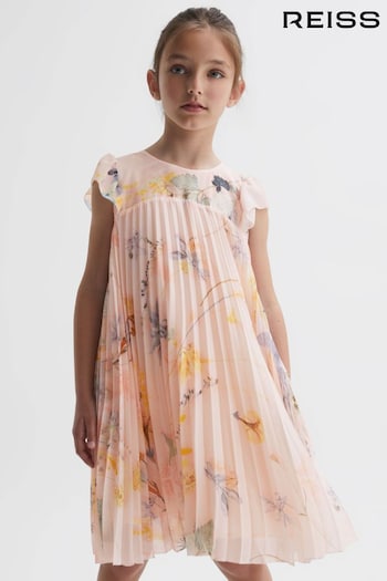 Reiss Pink Sade Junior Floral Pleated Cap Sleeve Dress (N42264) | £65