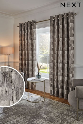 Silver Metallic Abstract Jacquard Eyelet Lined Curtains (N42543) | £80 - £170