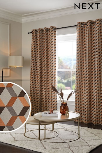 Orange Geometric Jacquard Eyelet Lined Curtains (N42549) | £90 - £180