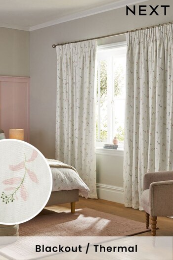 White Next Ditsy Watercolour Floral Pencil Pleat Blackout/Thermal Curtains (N42554) | £50 - £110
