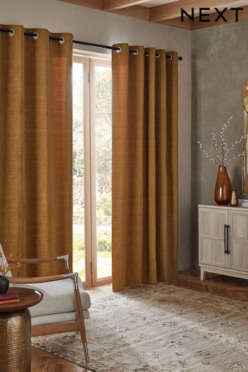 Mustard Yellow Next Heavyweight Chenille Eyelet Lined Curtains (N42555) | £60 - £155