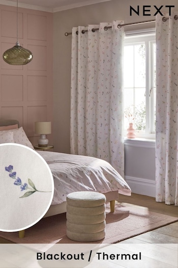 White Next Ditsy Watercolour Floral Eyelet Blackout/Thermal Curtains (N42562) | £50 - £110