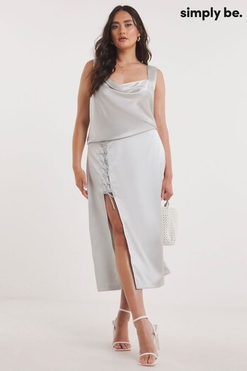 Simply Be Silver Premium Lace Up Stretch Satin Midaxi Skirt (N42704) | £26