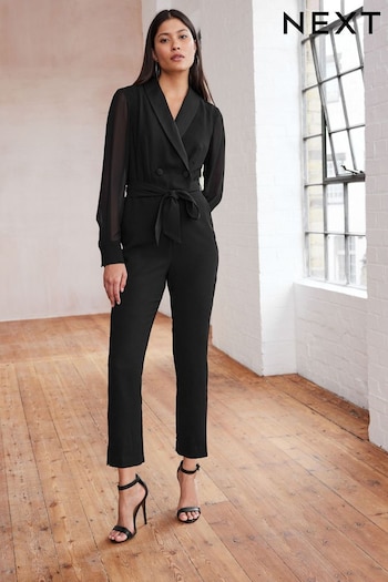 Black Sheer Sleeve Tuxedo Jumpsuit (N42734) | £68