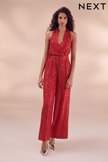 Red Sequin Halter Tailored Jumpsuit (N42782) | £76