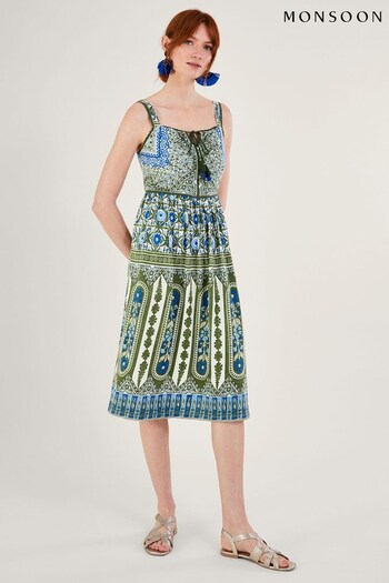 Monsoon Green Heritage Print Lace Trim Dress (N42951) | £85