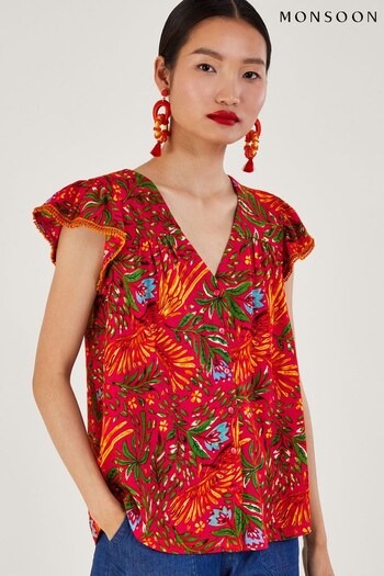 Monsoon Red Leaf Print Jersey Top in Linen Blend (N42954) | £45