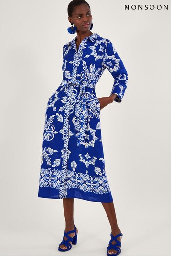 Monsoon Blue Print Shirt Dress in Linen Blend (N42967) | £80