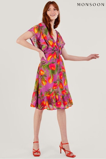 Monsoon Purple Atiena Print Dress in Sustainable Viscose (N42971) | £125