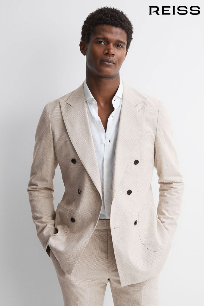 Reiss Oatmeal Craft Double Breasted Cotton-Linen Check Blazer (N43509) | £298