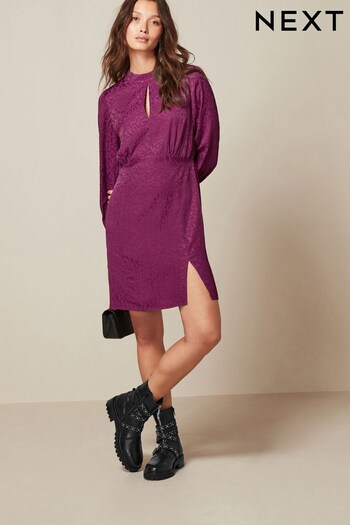 Purple Satin Jacquard Long Sleeve Mini Dress (N43512) | £46