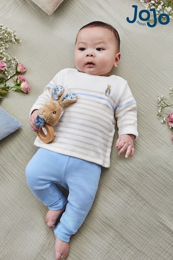 JoJo Maman Bébé Blue Peter Rabbit Embroidered Breton Top & Cosy Trousers Baby Set (N43957) | £29