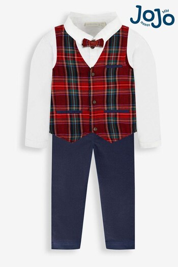 JoJo Maman Bébé Navy Boys' Tartan Waistcoat, Shirt & Cord Trousers Set With Bow Tie (N44040) | £39.50