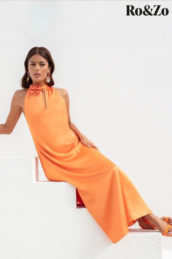 Ro&Zo Orange Satin Twist Neck Dress (N44111) | £129
