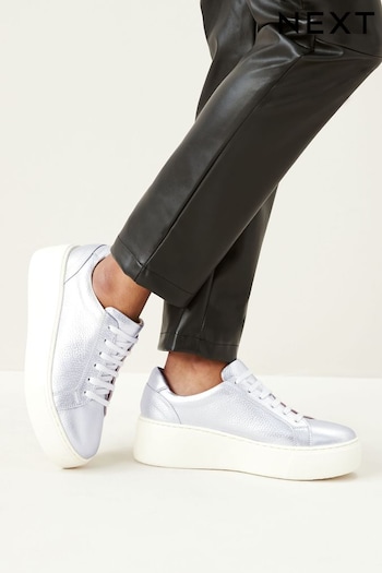 Silver Lace Up Signature Forever Comfort® Leather Chunky Wedges Platform Trainers (N44298) | £52