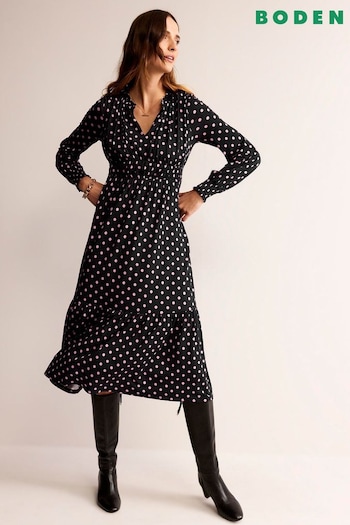 Boden Black Long Sleeve Ruched Tea high Dress (N44363) | £98