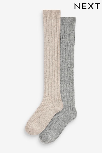 Grey/Cream Thermal Wool Blend Knee High Socks With Silk 2 Pack (N44386) | £15