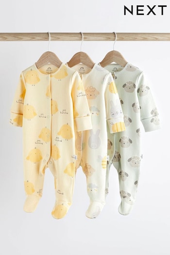 Mint Green/Lemon Yellow Baby Rib Sleepsuits 3 Pack (0mths-3yrs) (N44491) | £19 - £21