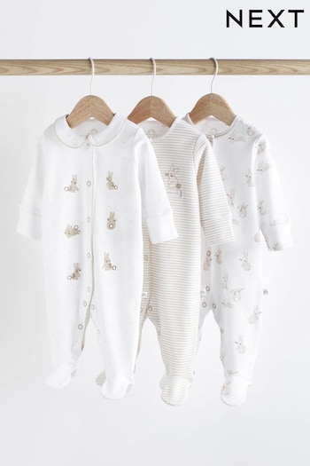 Neutral Bunny Delicate Appliqué Baby Sleepsuits 3 Pack (0-2yrs) (N44500) | £20 - £22