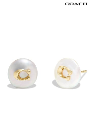 COACH Gold Tone Signature Coin Pearl Stud Earrings (N44549) | £40