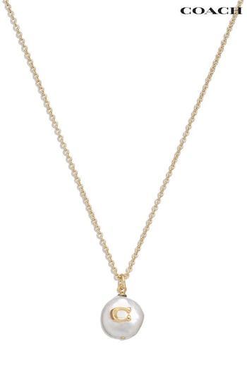 COACH Gold Tone Signature Coin Pearl Pendant Necklace (N44577) | £75