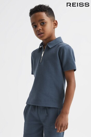 Reiss Airforce Blue Creed Junior Textured Half-Zip Accessories Polo Shirt (N44657) | £26