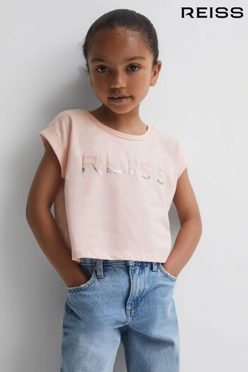 Reiss Pink Terry Junior Cotton Crew Neck Cropped T-Shirt (N44693) | £15