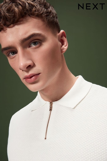 Ecru White Knitted Bubble Textured Regular Fit Polo Cropped Shirt (N44763) | £30