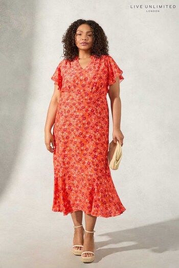 Live Unlimited Curve Red Floral Flutter Sleeve Dress (N45181) | £79