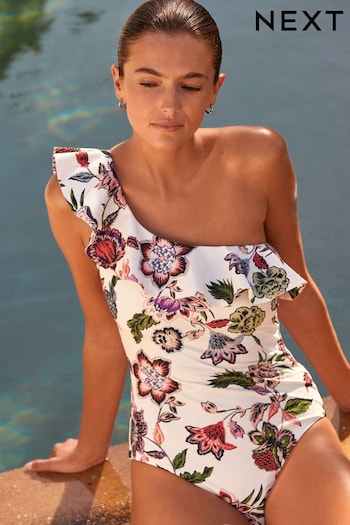 Ecru Floral Ruffle One Shoulder Tummy Control Swimsuit (N45298) | £42