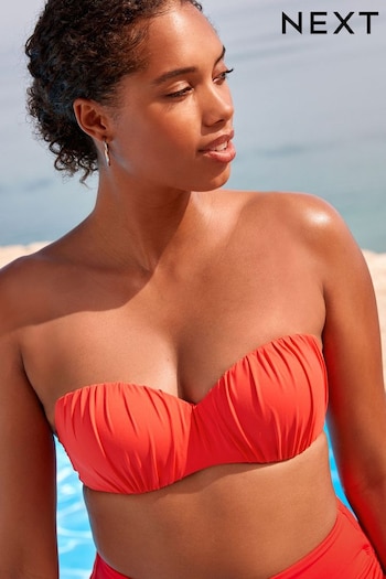 Coral Pink Ruched Shaping Wired Bandeau Bikini Top (N45329) | £24