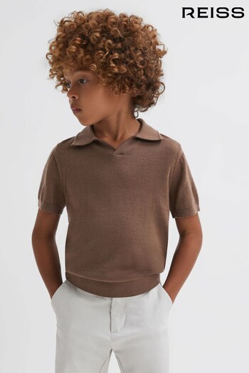 Reiss Brown Sugar Duchie Senior Merino Wool Open Collar Polo Shirt (N45361) | £32