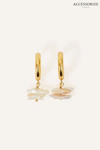 Accessorize Cream 14ct Gold Plated Keshi Pearl Hoop Earrings (N45523) | £22