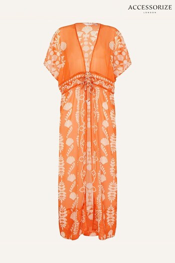 Accessorize Orange Ornamental Printed Maxi Chiffon Kimono (N45532) | £45