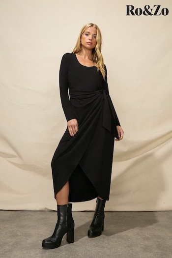 Ro&Zo Sleeved Scoop Neck Wrap Black Jersey Dress (N45822) | £79