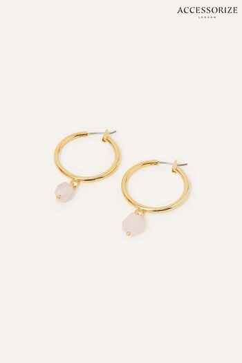 Accessorize Pink 14ct Gold-Plated Rose Quartz Large Hoops Earrings (N45975) | £20