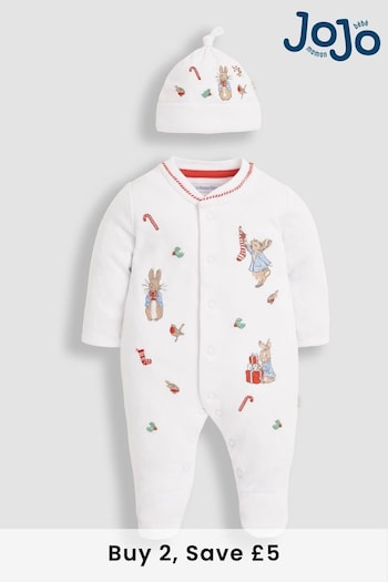 JoJo Maman Bébé White Peter Rabbit Christmas Cotton Baby Sleepsuit & Hat Set (N46018) | £29