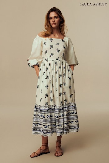 Laura Ashley White Square Neck Border Dress (N46117) | £70
