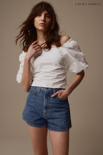 Laura Ashley White Puff Sleeve Shirred Bardot Top (N46139) | £32
